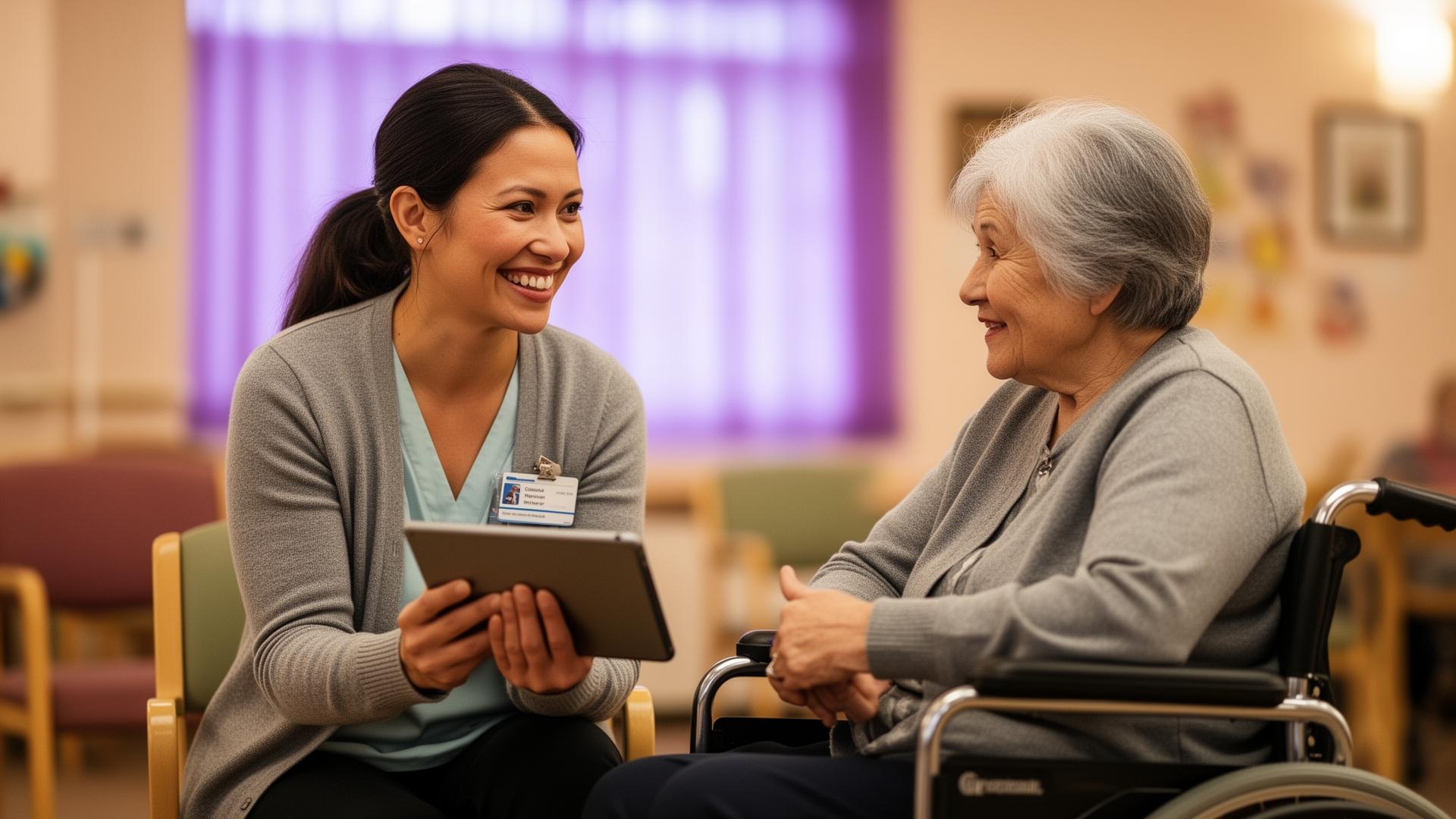 A case manager smiling and reviewing notes on a tablet with an older adult in a community day program