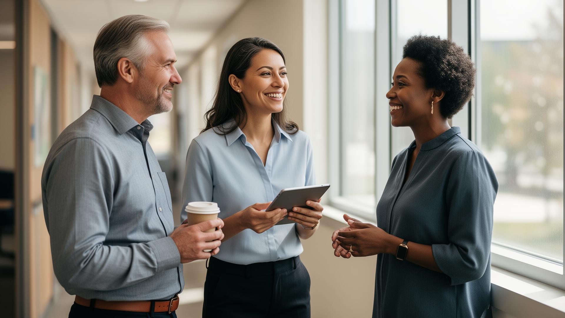 A diverse team of three human services case managers smiling and talking in a sunlit office hallway